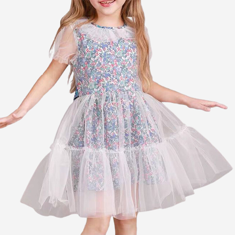 

Girl's Tulle Spliced Floral Printed Princess Dress For 2-12Y, White