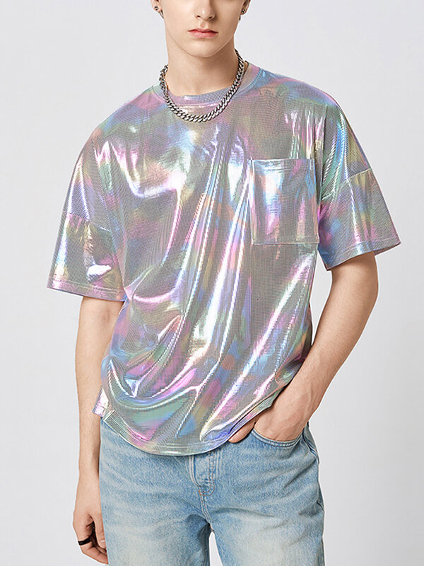 Camiseta masculina Colorful com bolso Ombre de alto brilho