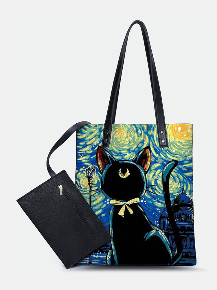 Faux Leather Cute Cartoon Cat Printing Waterproof Shopping Bag Shoulder Bag Handbag Card Bag Tote