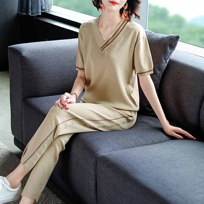 Casual  Sports Suit Women's Short-sleeved Sweater Western-style Two-piece Suit