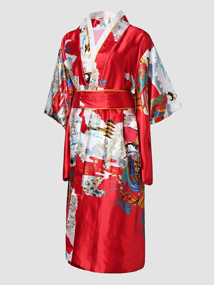 Mujer Satén Kimono Figura Estampado Bowknot Becerro longitud Home Robes