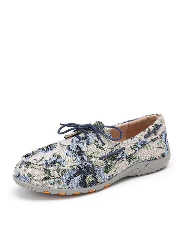 SOCOFY Craft Cloth Retro Floral Pattern Stitching Lace Up Comfy Flat Shoes