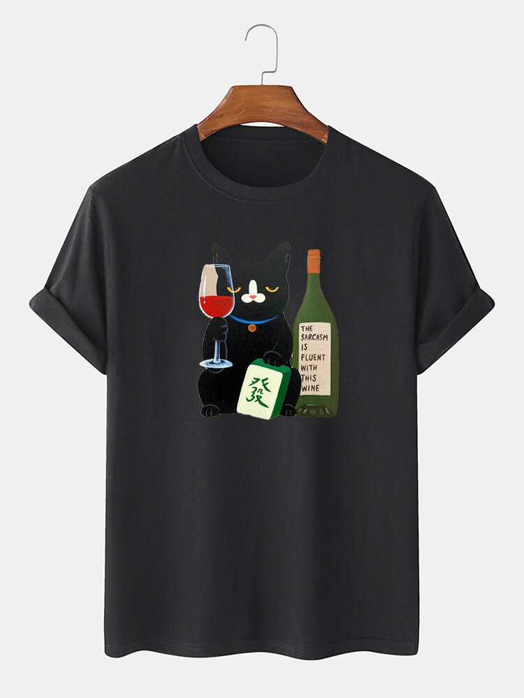 

Mens Cartoon Cat Wine Bottle Print Crew Neck Short Sleeve T-Shirts, Black
