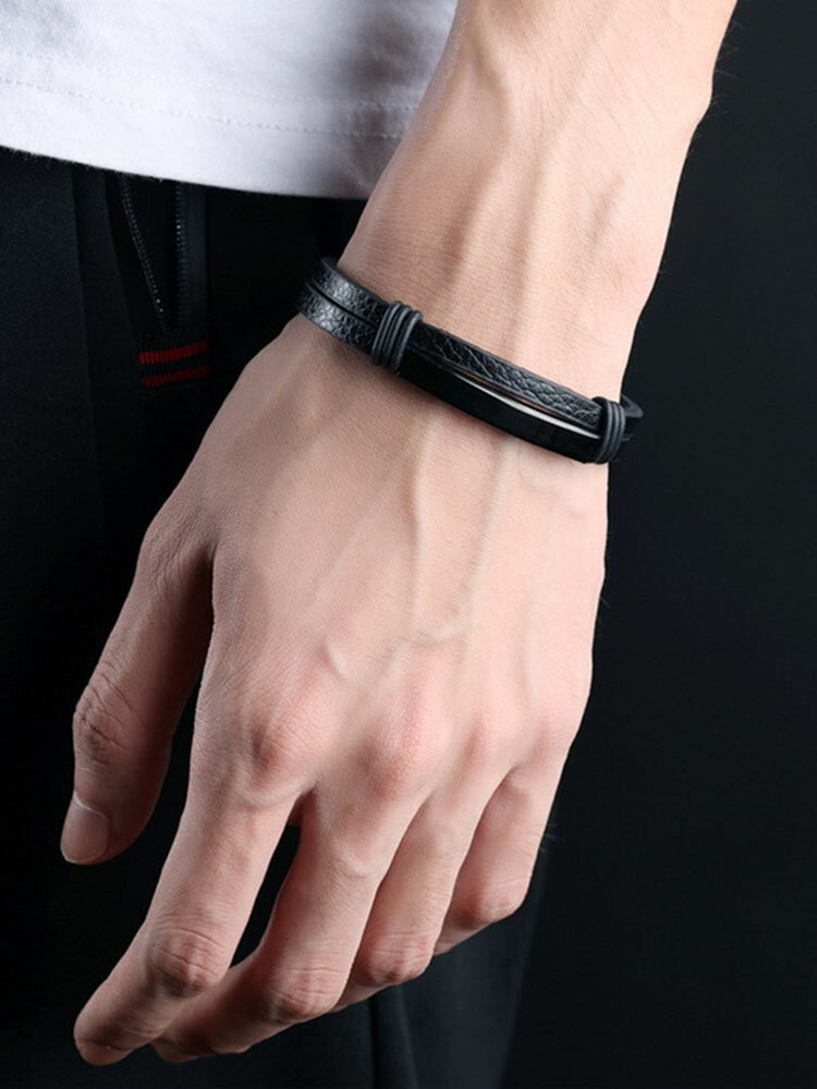 Casual Three-color Stainless Steel Pendant Bracelet Double Leather Men's Bracelet Vintage Jewelry