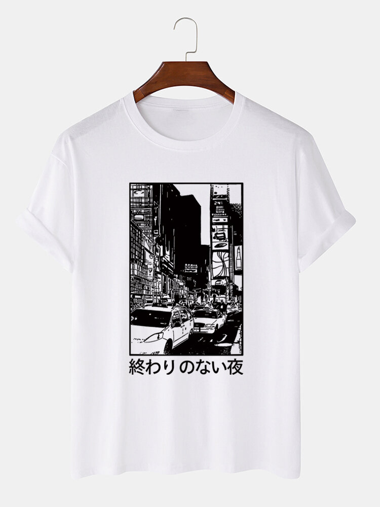 Mens Monochrome City View Japanese Print Cotton Short Sleeve T-Shirts