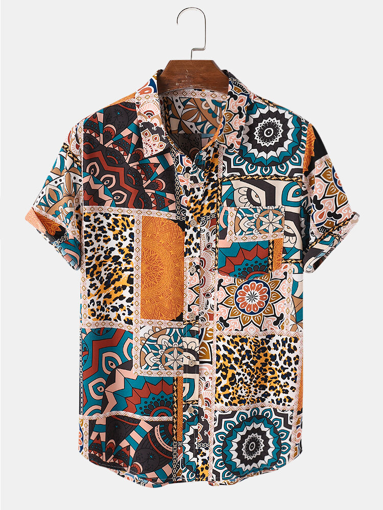 Mens Ethnic Pattern Print Button Up Vintage Short Sleeve Shirts