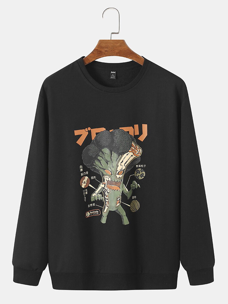 Mens Japanese Cartoon Print Crew Neck Street Pullover Sweatshirts