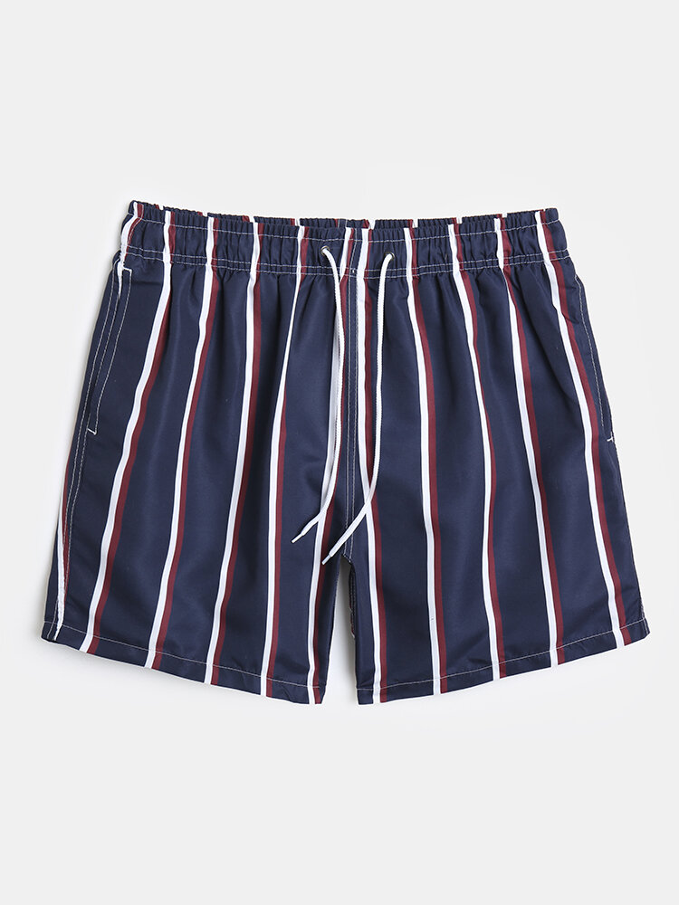 Men Striped Print Vintage Multi Pockets Short Length Leisure Soft Board Shorts