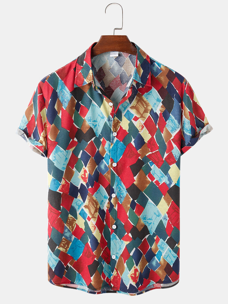 Mens Geometric Patterns Colorblock Lapel Short Sleeve Shirt