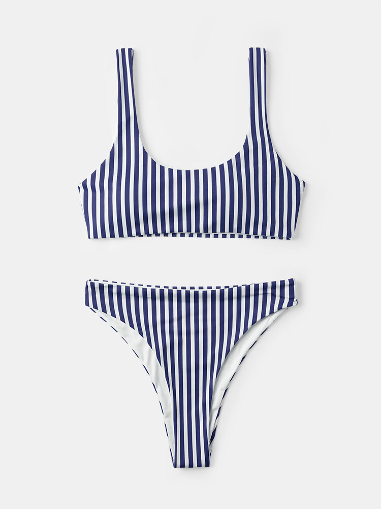 Women Plain Vertical Stripe Wireless Wide Straps High Waisted Bikinis Swimwear