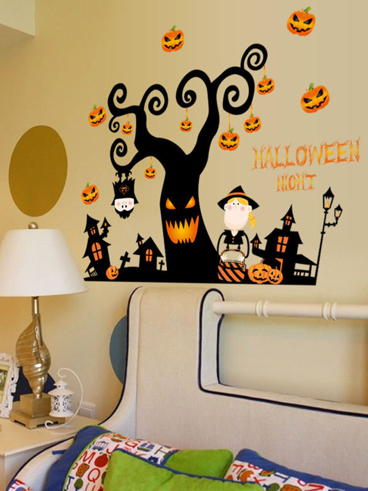 ПВХ наклейка на Хэллоуин дом на дереве дом с привидениями замок тыква свет настенная наклейка украшение окна