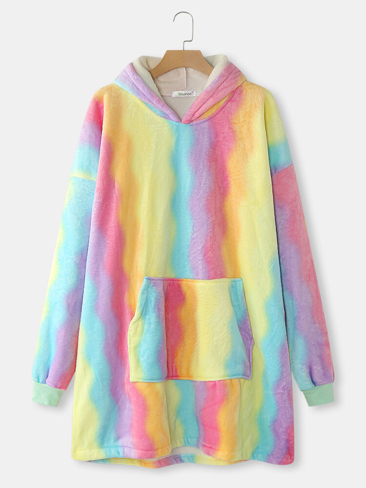 

Women Coloful Print Fleece Lined Flannel Home Oversized Blanket Hoodie With Pocket, Multi color