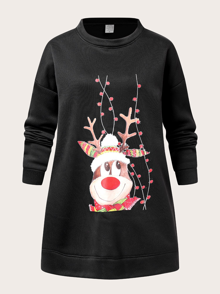 Plus Size Lovely Cartoon Elk Print Christmas Casual Sweatshirt