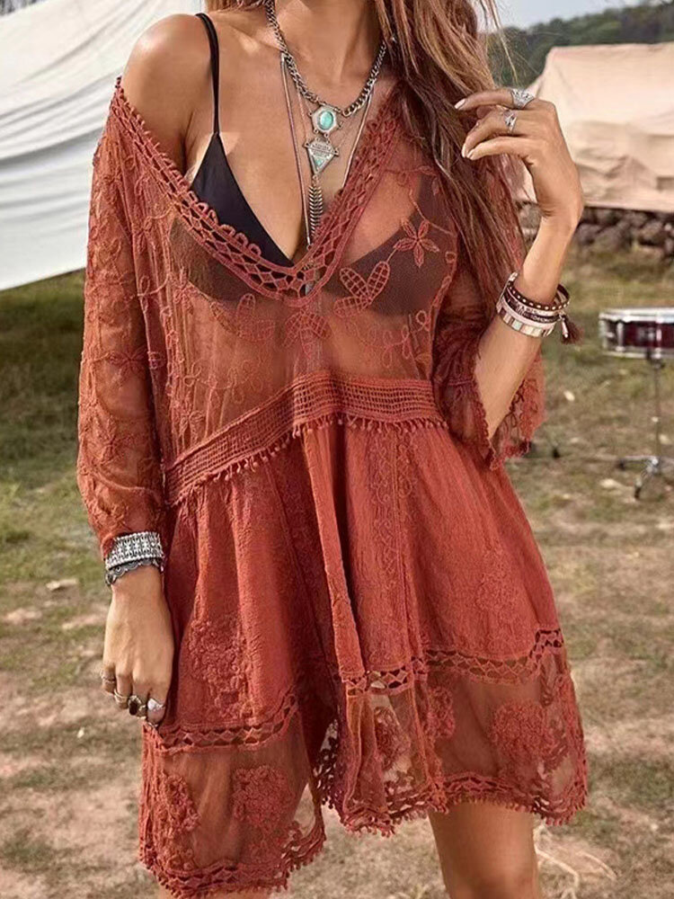 Lace See Through Hollow Stitch Beach Cover-up Bohemian Dress