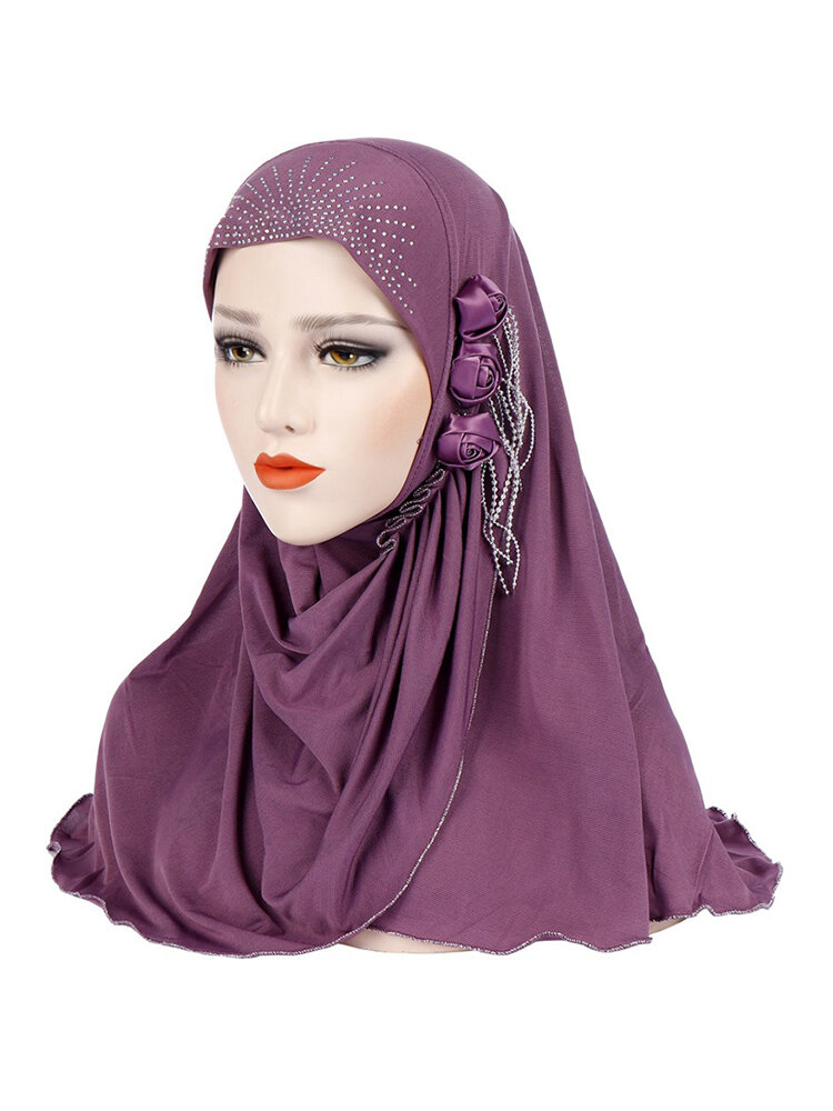 Gorro con borlas de tres flores pequeñas laterales de seda de hielo musulmana para mujer Sombrero al aire libre Casual Cuello Proteger Sombrero 
