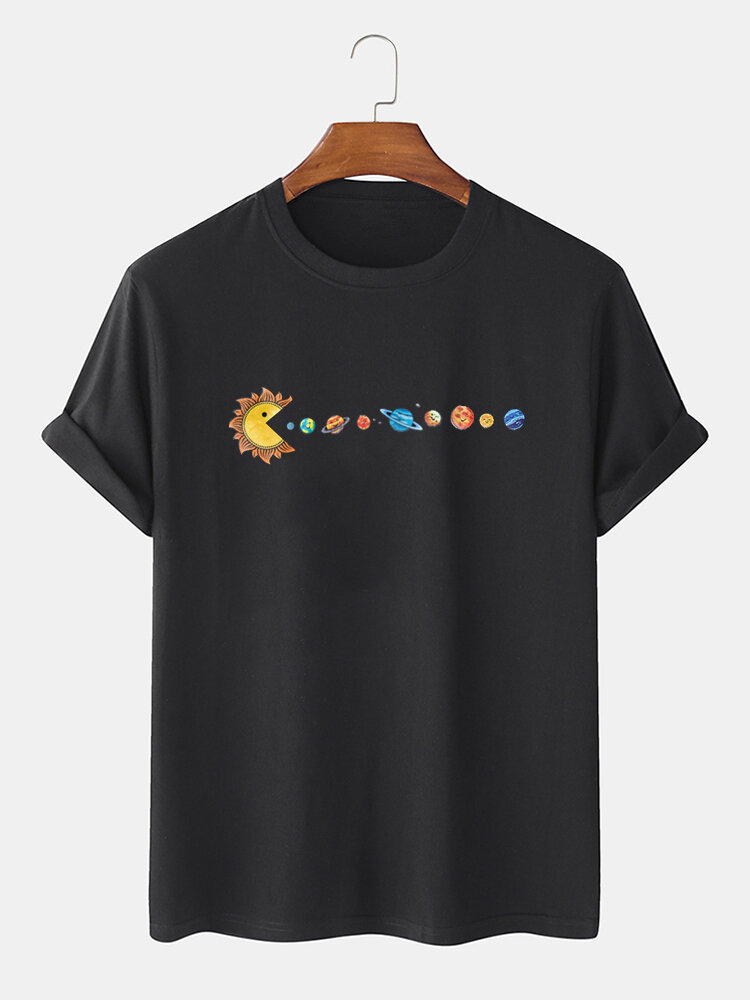 Mens Cartoon Sun Planet Print Crew Neck Short Sleeve T-Shirts