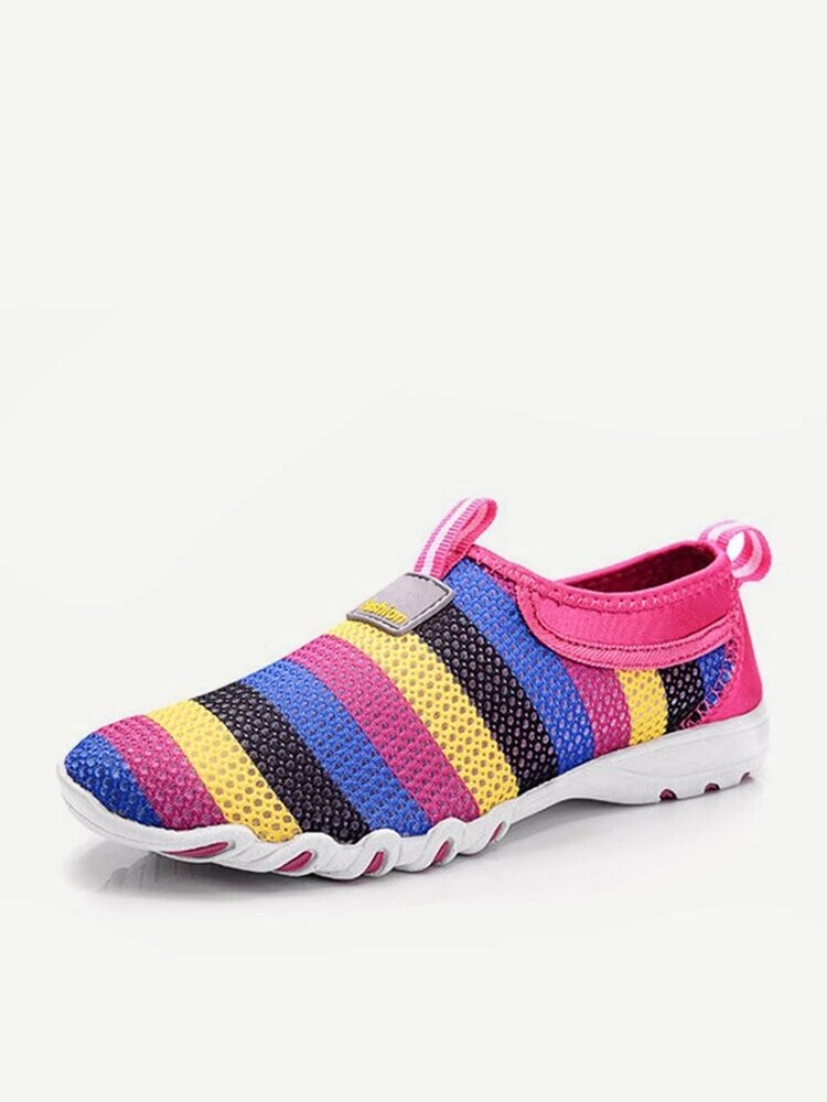 Rainbow Colorful Striper Mesh For Women Breathable Slip On Flat Sport Shoes