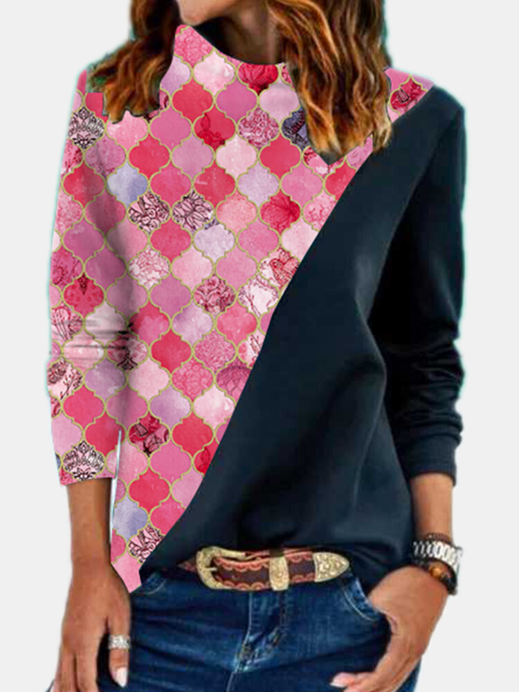 Graphic Print Patchwork Long Sleeves Heaps Collar Sweatshirt For Women