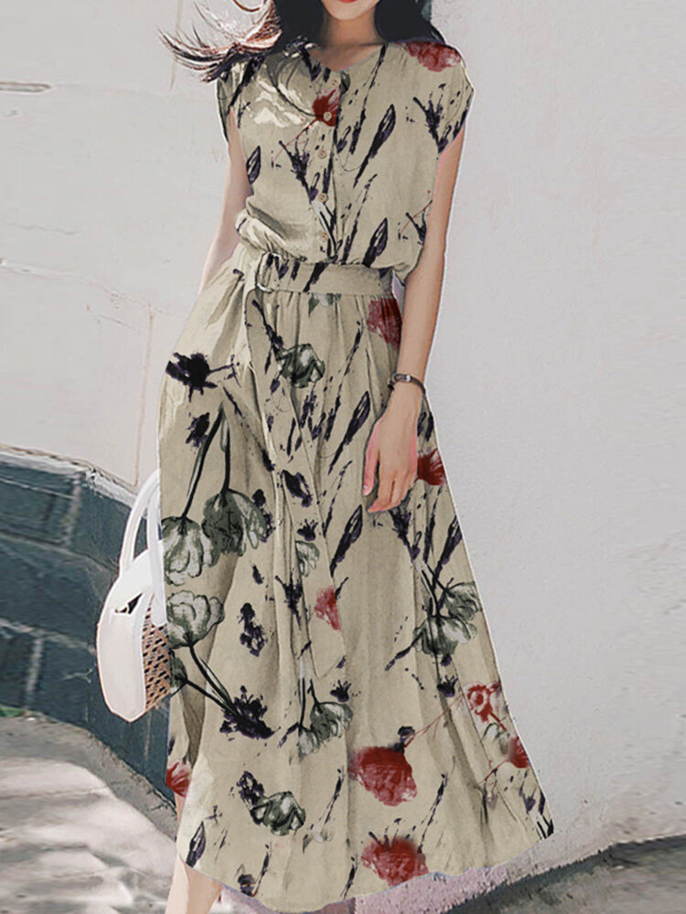 Случайная пуговица с цветочным принтом спереди Платье с Ремень