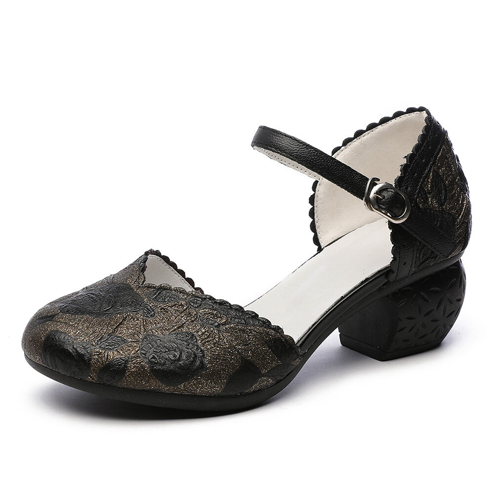 Retro Leather Embossed Floral Buckle Ankle Strap Block Heel Dorsay Pumps