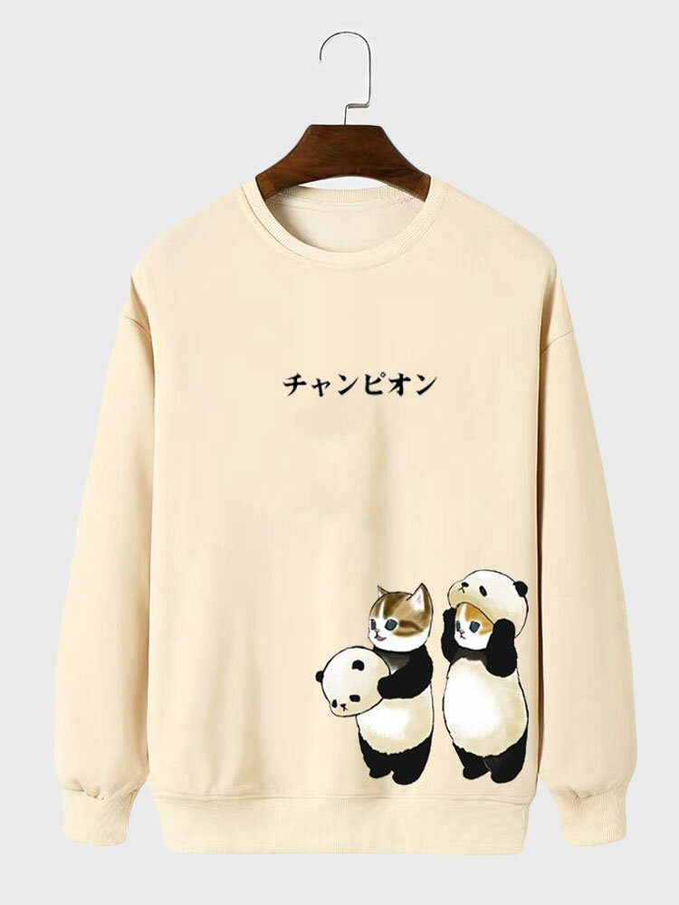 Mens Japanese Cartoon Panda Cat Print Crew Neck Pullover Sweatshirts