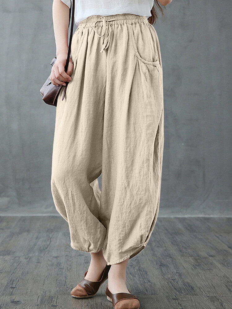 

Casual Elastic Waist Irregular Hem Cropped Plus Size Pants With Pockets, Black;beige;rust