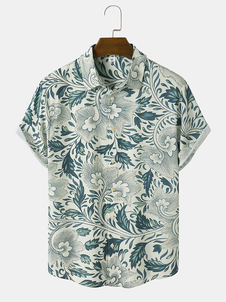 Mens Floral Printed Lapel Button Up Short Sleeve Shirts
