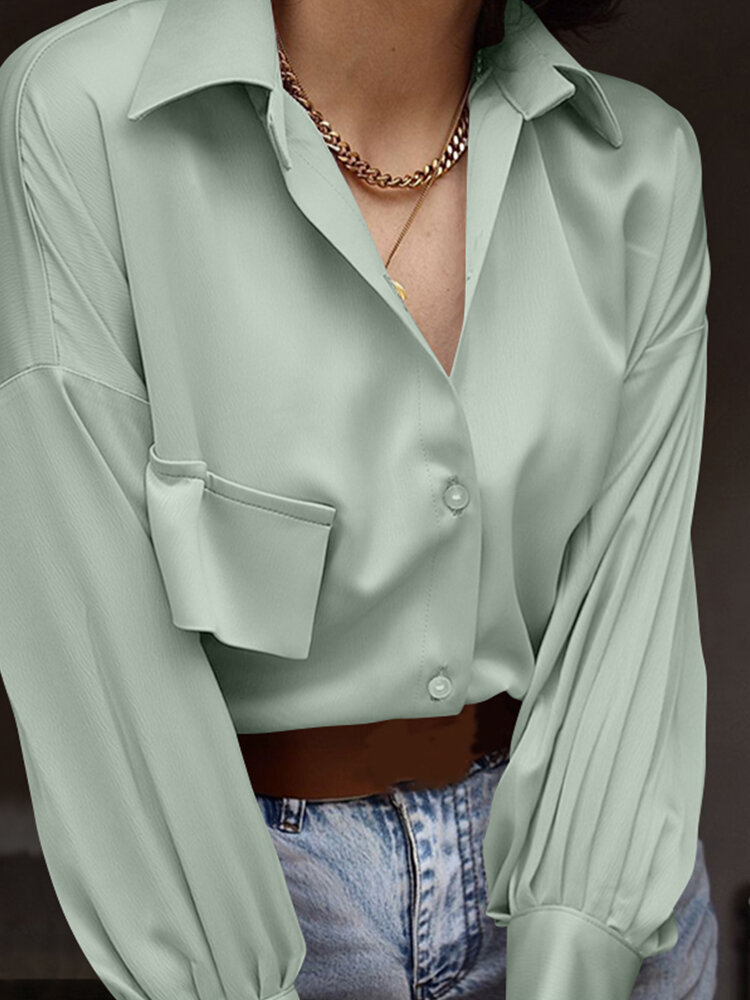 Solid Puff Sleeves Drop Shoulder Lapel Button Down Shirt
