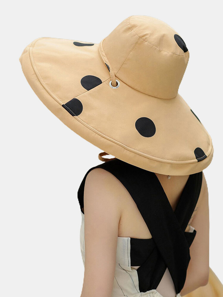 Women Cotton Polka Dot Printing Solid Color Oversized Brim Sun Protection Bucket Hat