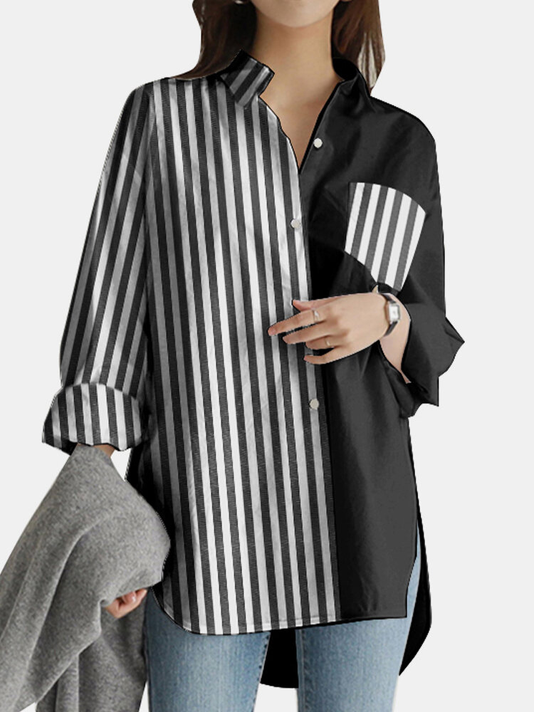 Асимметричная повседневная блузка в полоску с лоскутным принтом и карманом на пуговицах для Женское