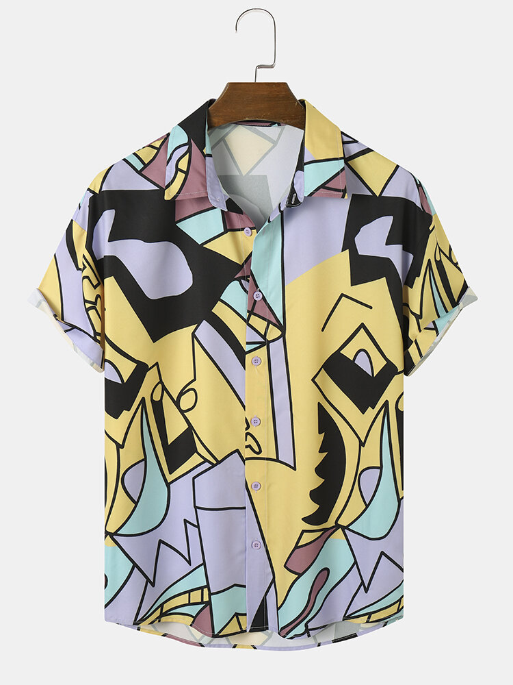 Mens Abstract Color Block Print Lapel Short Sleeve Shirts