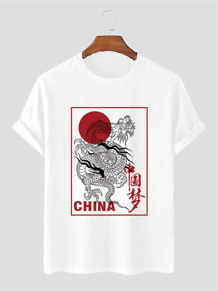 Mens Chinese Dragon Graphic Crew Neck Short Sleeve T-Shirts