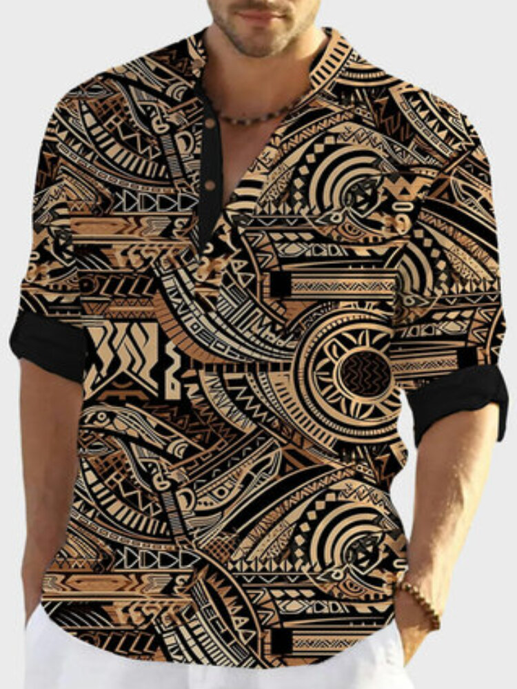 Camisas masculinas étnicas com estampa de totem de meio botão manga comprida Henley