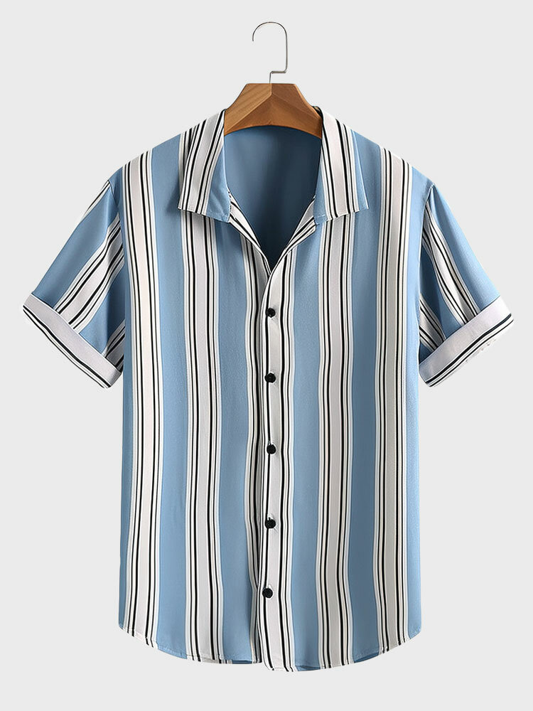 Mens Vertical Stripe Button Up Casual Short Sleeve Shirts