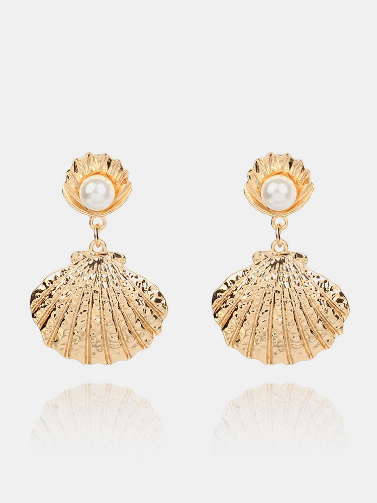 Elegante Shell Pearl Pendientes Gota Aleación de zinc Estilo dorado Pendientes Para Mujer Regalo