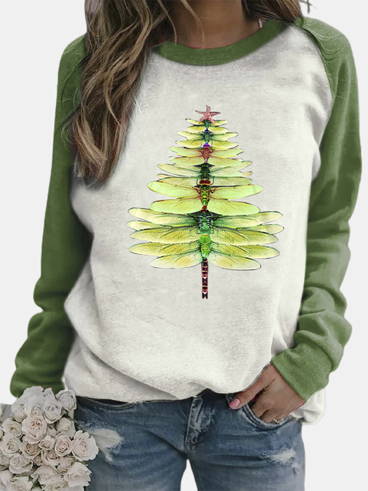 Tree Printed Long Sleeve O-neck Patchwork Sweatshirt For Women