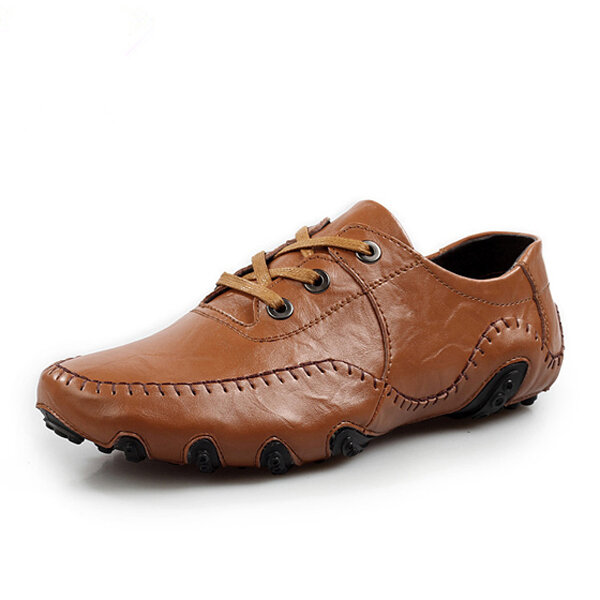 Stitching Driving Flat Lace Up Weave Leather Soft Oxford Shoes