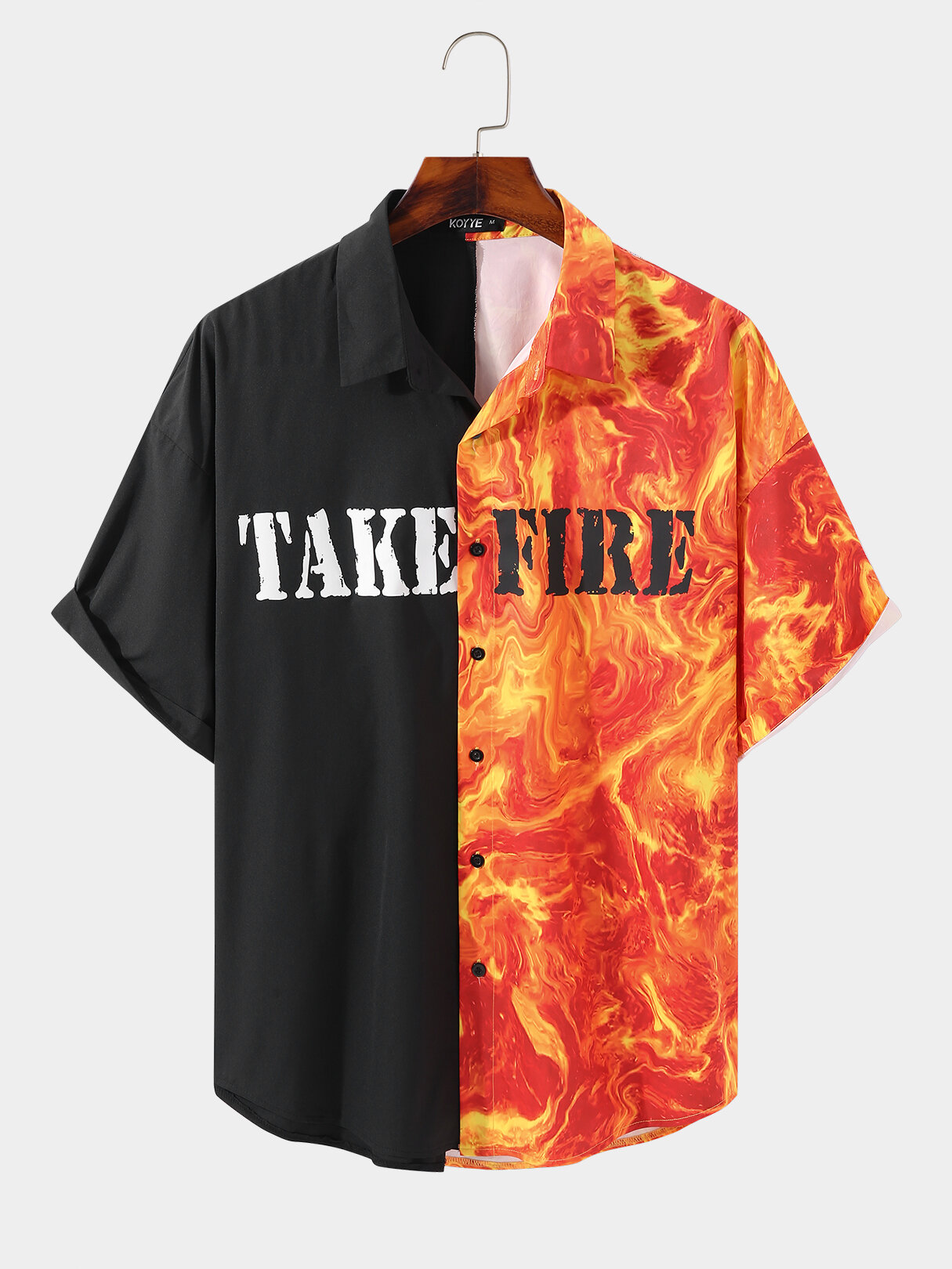 Men Fire & Letter Spliced Two Tone All Matched Streetwear Shirt
