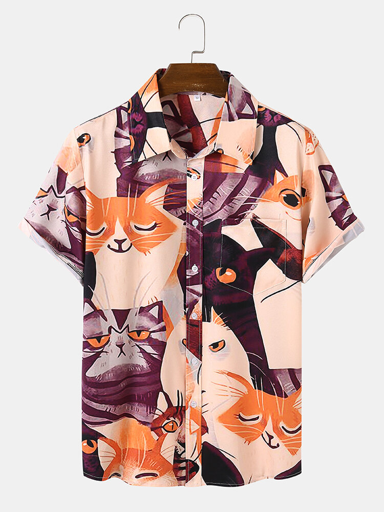 Men Womens Cat Printed Cartoon Tops Hawaiian Short Sleeve Casual Loose Shirt Top 