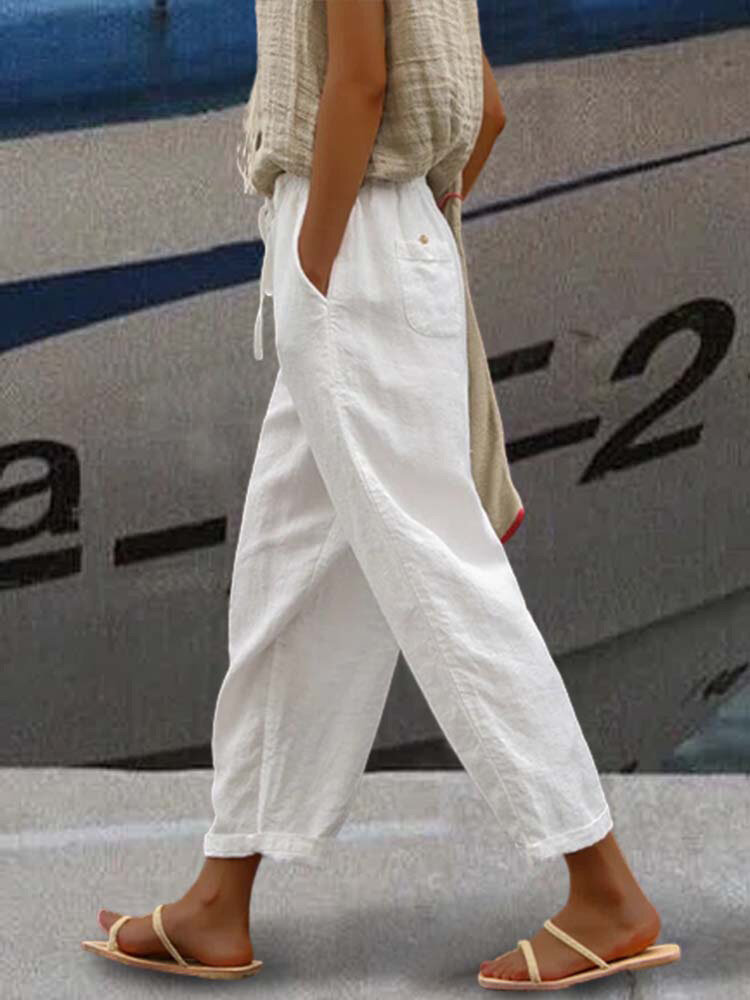 Pantalon décontracté à taille élastique en coton pour femmes avec poche