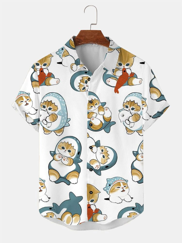 Mens Allover Cartoon Cat Print Button Up Short Sleeve Shirts Winter