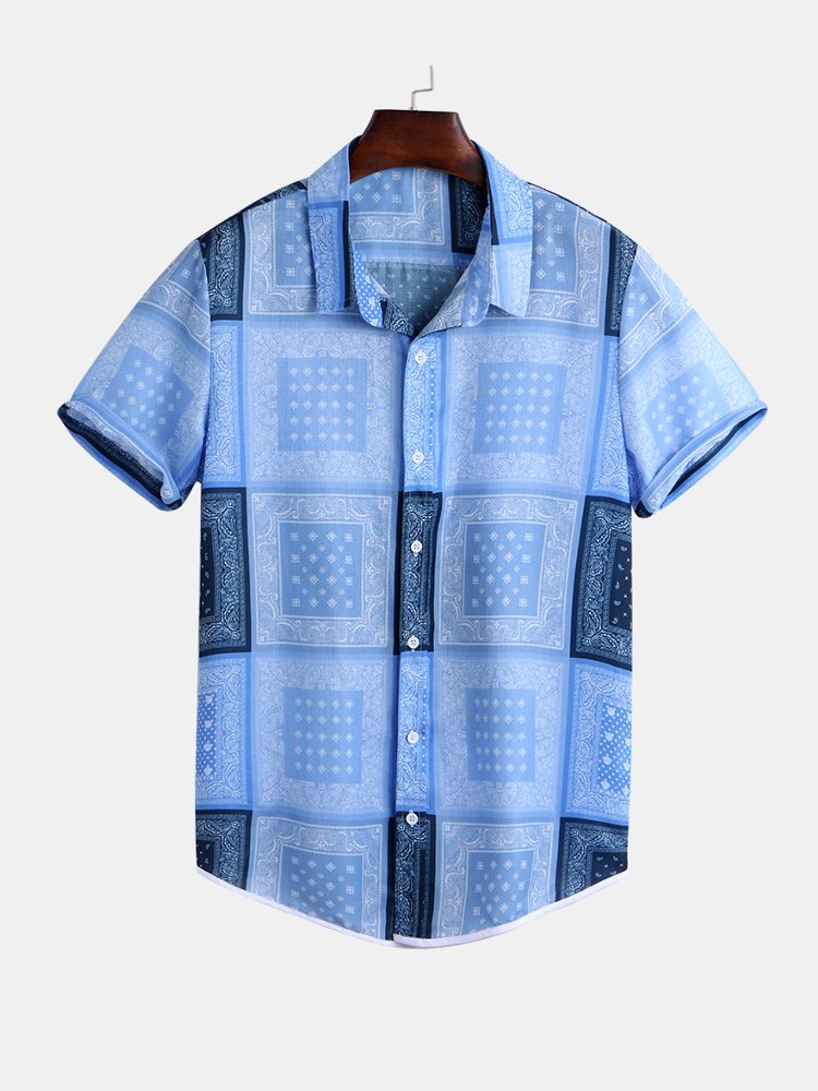 Mens Retro Ethnic Printed Patchwork Short Sleeve Breathable Loose Shirt