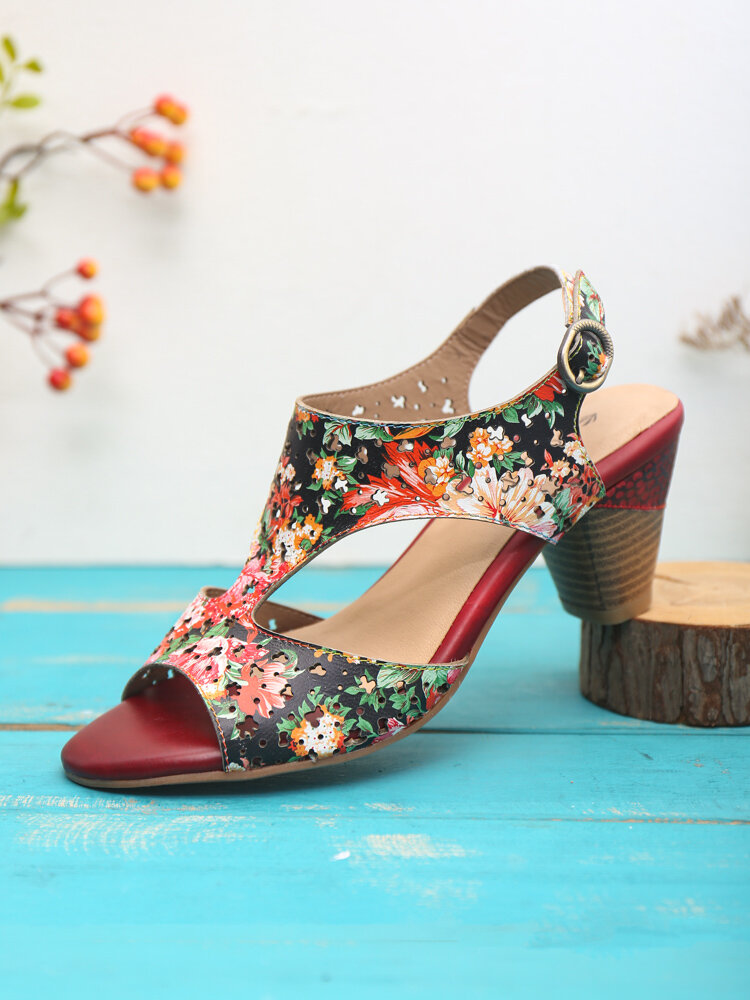 Socofy Holiday Floral Print Bohemian Cowhide Hollow out Low Heel Buckle Opened Chunky Heel Sandals