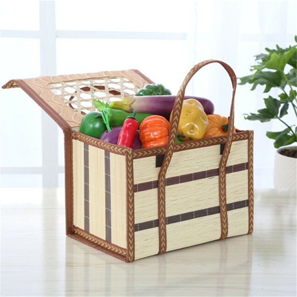 Folding Bamboo Storage Basket Portable Shopping Fruit Vegetables Tote Bag Outdoor Picnic 