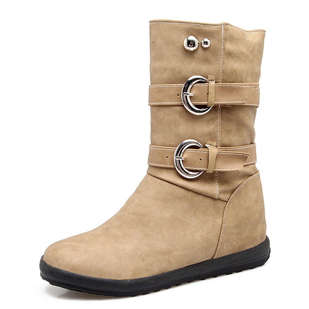 Large Size Double Buckle Warm Lining Mid-calf Boots For Women