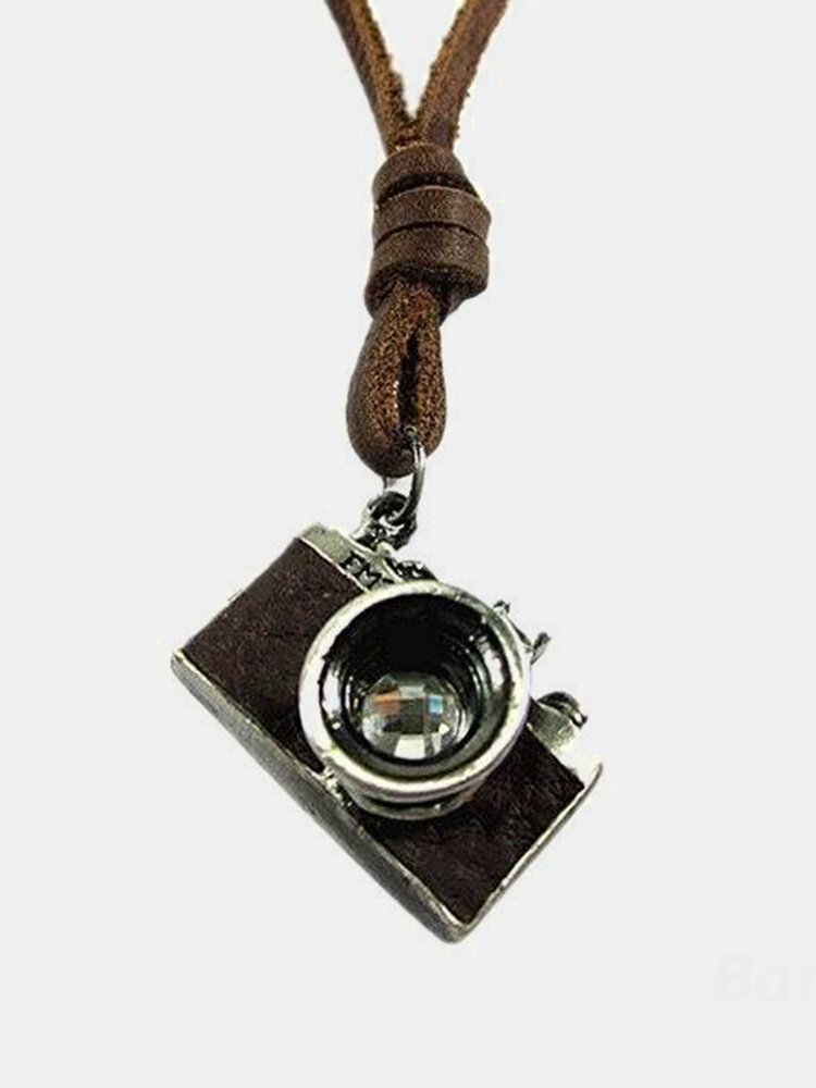 Vintage Handmade Alloy Camera Leather Necklace 