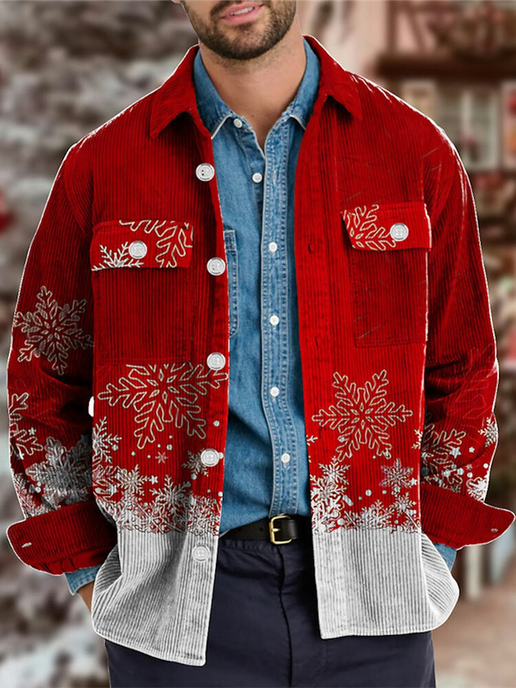 

Mens Christmas Snowflake Print Flap Pocket Lapel Button Front Jacket, Red