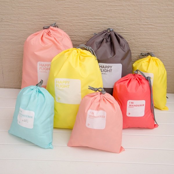 

4 Pcs Nylon Waterproof Travel Drawstring Storage Bag Clothes Tidy Organizer, Yellow;red;grey;blue;pink