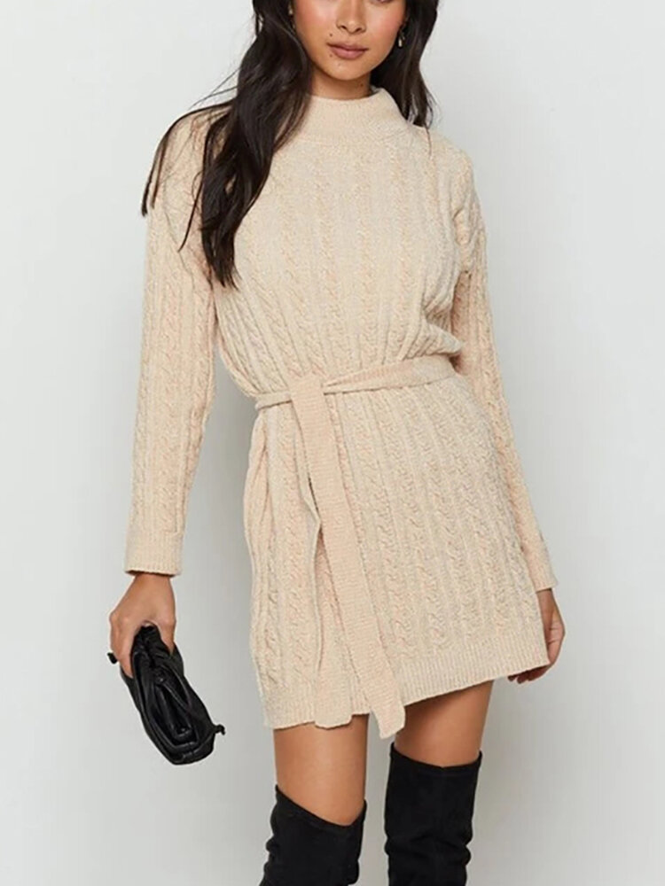 Solid Color Long Sleeve O-neck Knotted Mini Dress