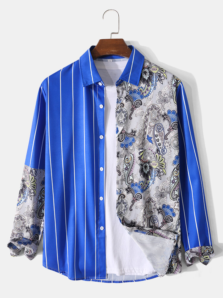 Mens Striped Paisley Print Patchwork Button Up Long Sleeve Shirts